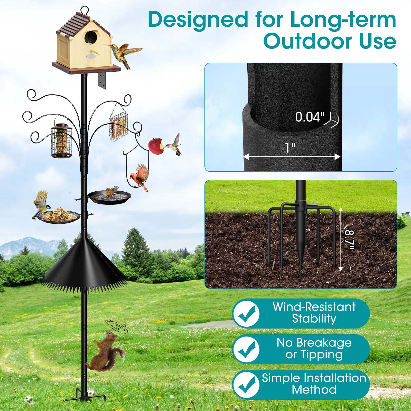 Bird Feeder Pole Squirrel Proof, 108 Inch Heavy Duty Bird House Pole, Adjustable Bird Feeder Stand with 5 Shepherds Hooks, 2 Mental Trays, Hummingbird Swing