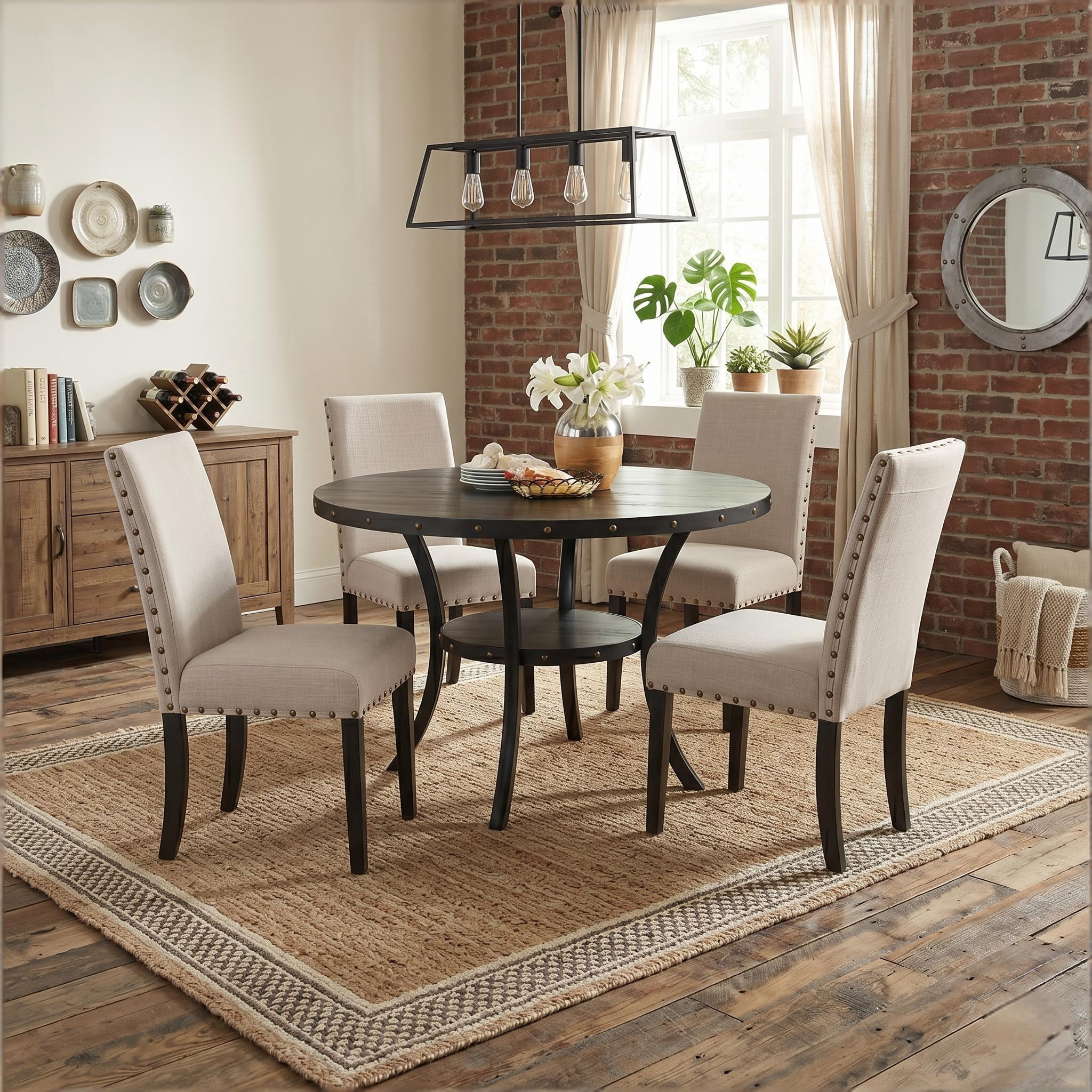 Howcool 5-Piece Espresso Wood Round Dining Set, 4 Upholstered Fabric Nailhead Trim Chairs with Lower Storage Shelf for Kitchen & Dining Room