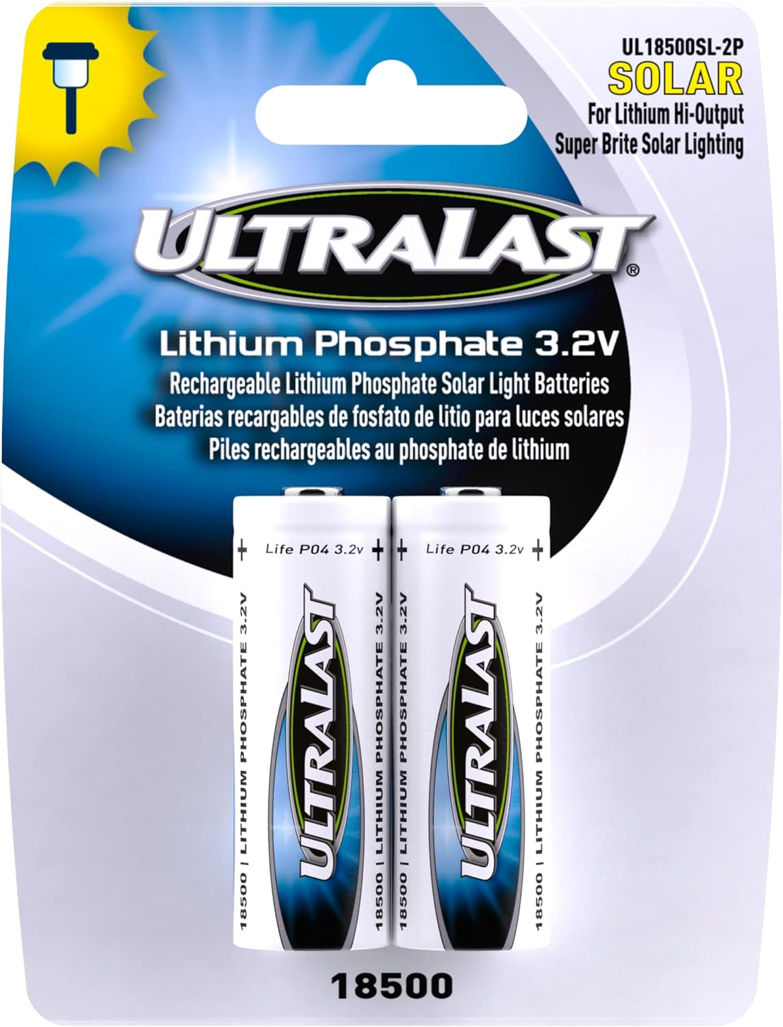 ULTRALAST High-Capacity 18500 LiFePO4 Batteries, 3.2V 1000mAh, 4-Pack for Solar Lights