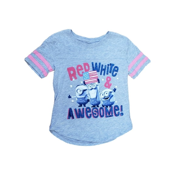 Minions Girls Red White & Awesome Glitter Star Grey T-Shirt Shirt Top Medium