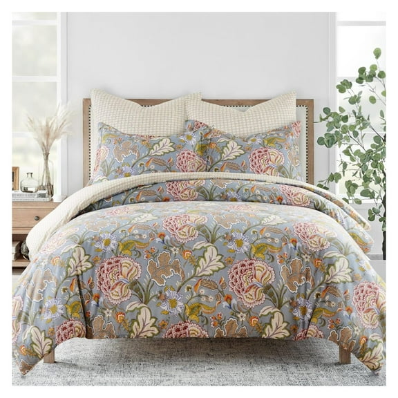 - Angelica Comforter Set - Full/Queen Comforter Two Standard Pillow Cases - Floral - Blue Grey Taupe Green Maroon - Comforter (90 x 94in.) and Pillow Case (26 x 20in.) - Cotton