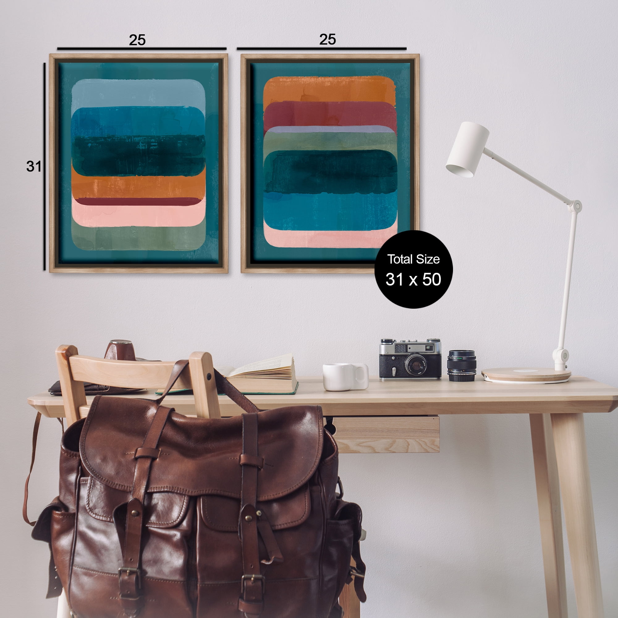 Stupell Industries Abstract Teal Stacked Colors Abstract Painting Brown Floater Framed Canvas Art Print Wall Art, 31 x 25, Set of 2