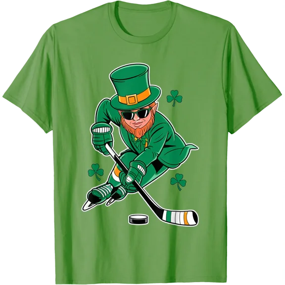 Leprechaun Playing Hockey St Patricks Day Sport Mens Boys T-Shirt All Size S-5Xl