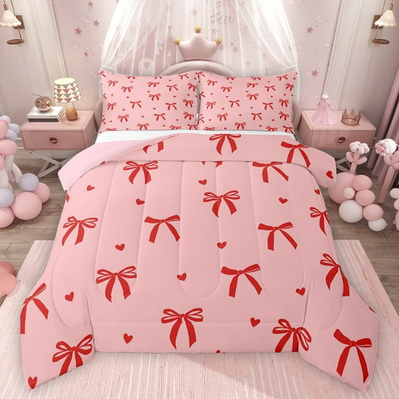 Feelyou Fashion Bowknot Kids Bedding Comforter Set, Kawaii Cartoon Bow-tie Twin Comforter Sets, Cute Love Heart Reversible Bedding Set, Microfiber Bedroom Decor, 2 Pieces