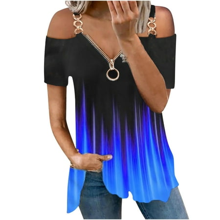 

Tank Top for Women Sexy Tops for Women Women s V-Neck Loose Fit Zipper Tank Tops Casual Printed Short Sleeve Blouse Tshirts Shirts for Women Savings Clearance Deals Shirts for Women Blue XL