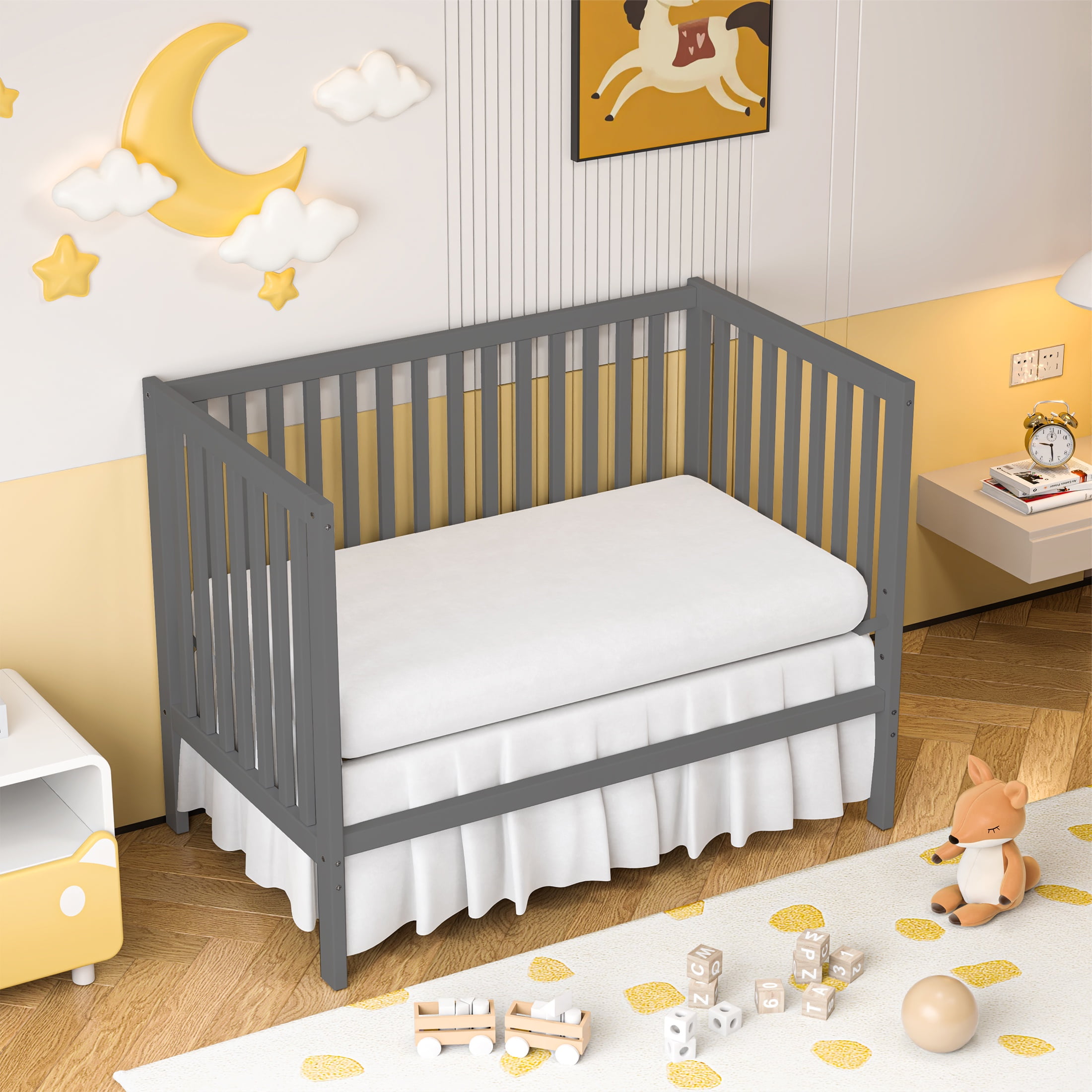 SESSLIFE 5-In-1 Convertible Crib, Gray Baby Bed, Converts from Baby Crib to Toddler Bed, Fits Standard Full-Size Crib Mattress(Not Included)