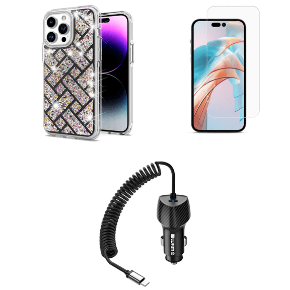 Bemz Bling Case for iPhone 15 Pro Max, Diamond Glitter Sparkle Dual Layer Hybrid Protector Cute Women Girls Cover, Glass Screen Protector, 40W Car Charger (USB-C Port) - 5 Foot (Colorful Black)