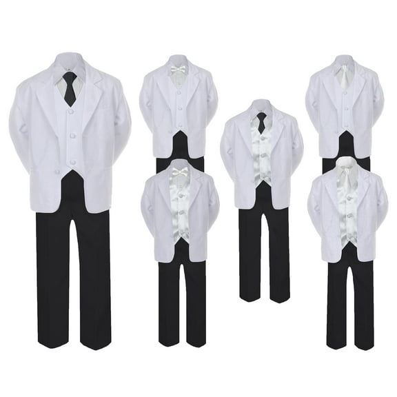 5-7pc Formal Black White Suit Set White Bow Long Tie Vest Boy Baby Kids Sm-20 Teen
