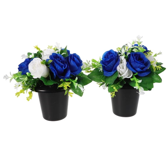 BESTYASH 1Pair Artificial Blue Cemetery Flowers with Vase for Grave Memorial Decoration