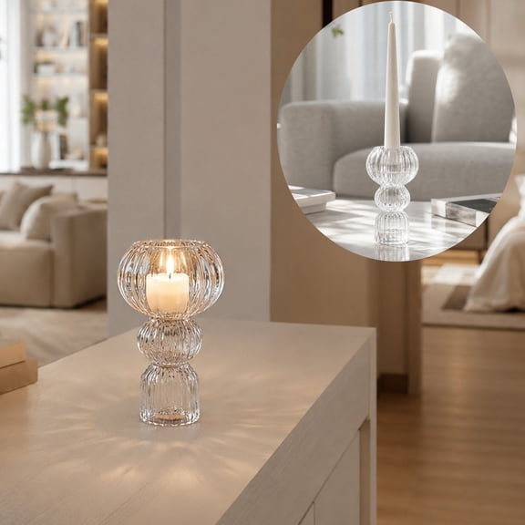Dongrere Clear Glass Candle Holder, Tall Tabletop Tealight Candle Cup, Vertical Ribbed Votive Holder for Bedroom Dinner Wedding Decor, 4.3x2.5 Inch