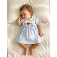 thumbnail image 5 of BemeyourBBs Toddler Baby Girl Back to School Dresses Kids Kindergarten Outfits Baby Girl Summer Dress with Bows Striped Apple Embroidered Puff Short Sleeve Doll Collar Causal A-line Dress, 5 of 9