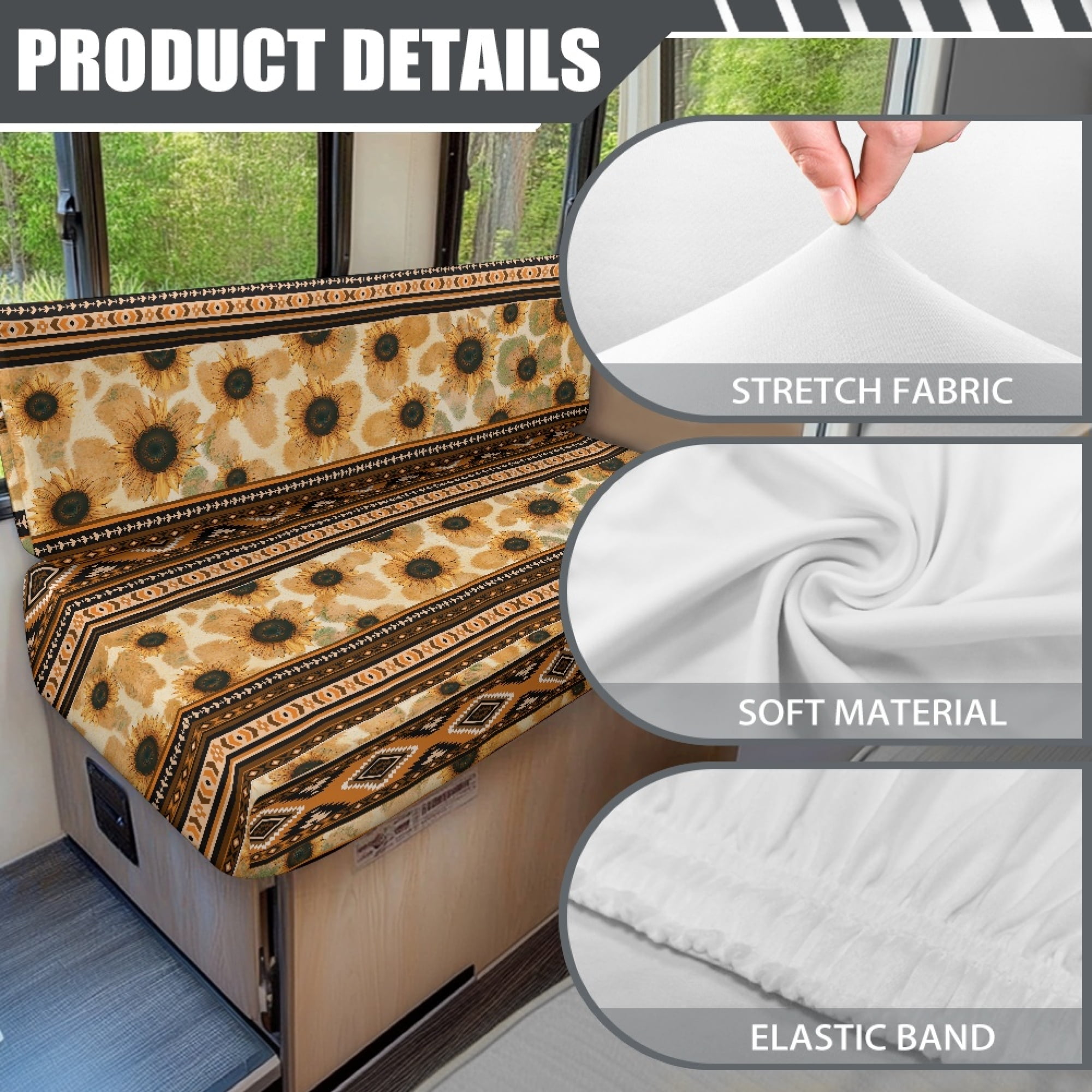 Yuyamidu Aztec RV Dinette Cushion Covers Sunflower Couch Cover for RV Camper Sofa Camper Cushion Slipcover Universal Camper Dinette Seat Covers for Travel Trailer Couch
