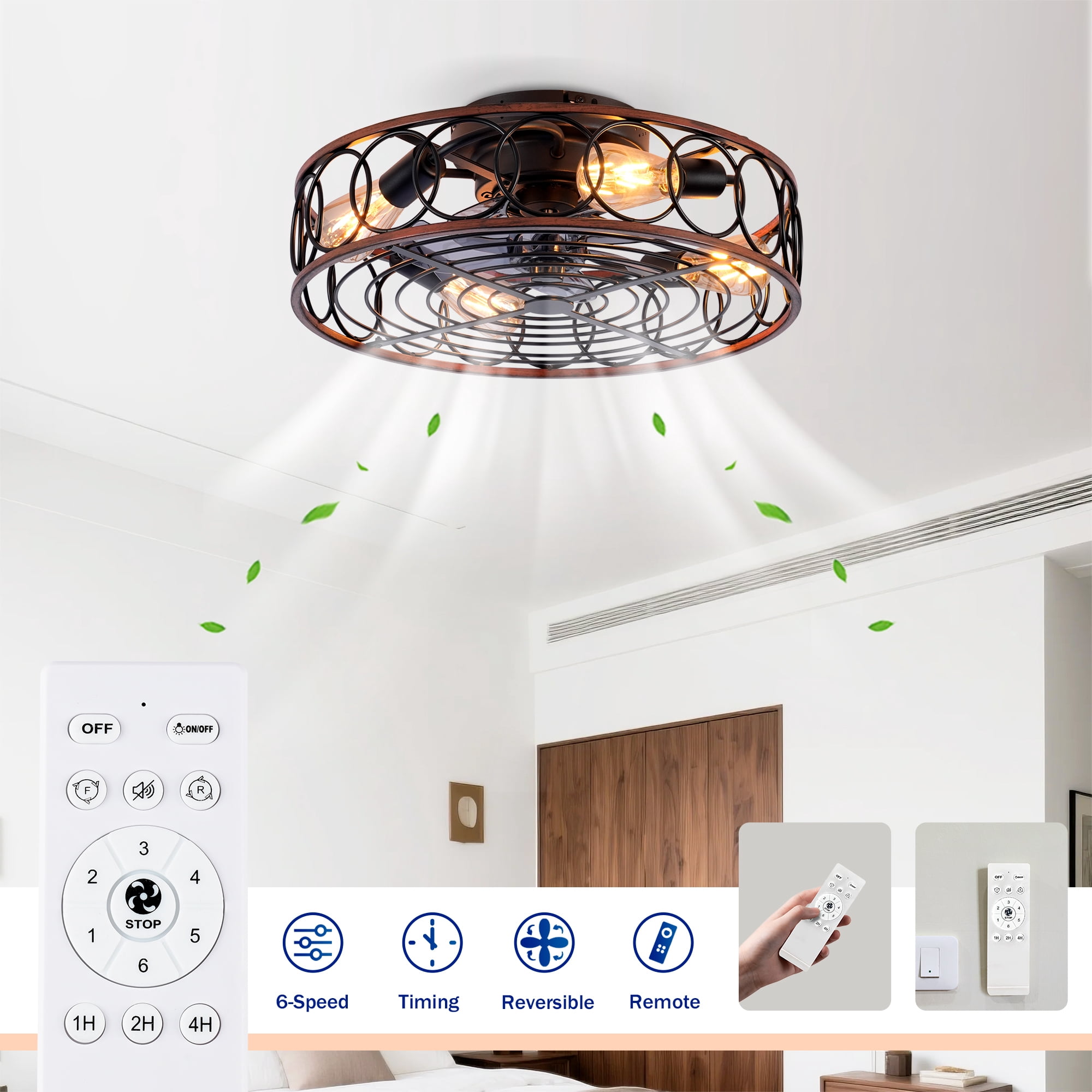 Leumius 20" Black Caged Ceiling Fan with Lights and Remote Control ,Reversible Motor, DC Remote Control,6 Speed Ceiling Fan for Living Room Bedroom Dining Room (NOT Included Bulbs)