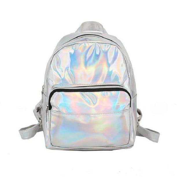Mochila holografica pequena de cuero para mujer mochila escolar de estilo Preppy laser brillante Mini mochila de viaje para estudiantes Linda plateada Fivean unisex Walmart en linea