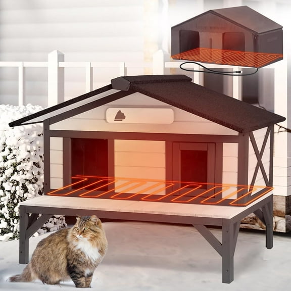 MEDEHOO Heated Cat House for Outside Insulated Feral Cat Shelter Outdoor for Winter, Weatherproof Kitty Condo with Heated Pad and Chewproof Cable Indoor Black
