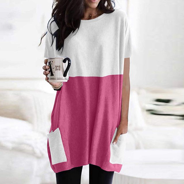 Bonanza de Rabais, Robe Tunique Longue Décontractée Légère à Manches Courtes pour Femme avec Poches pour un Confort Quotidien et un Style Relax Chaud et Douillet/polyester, Rose Vif, Sopatenor