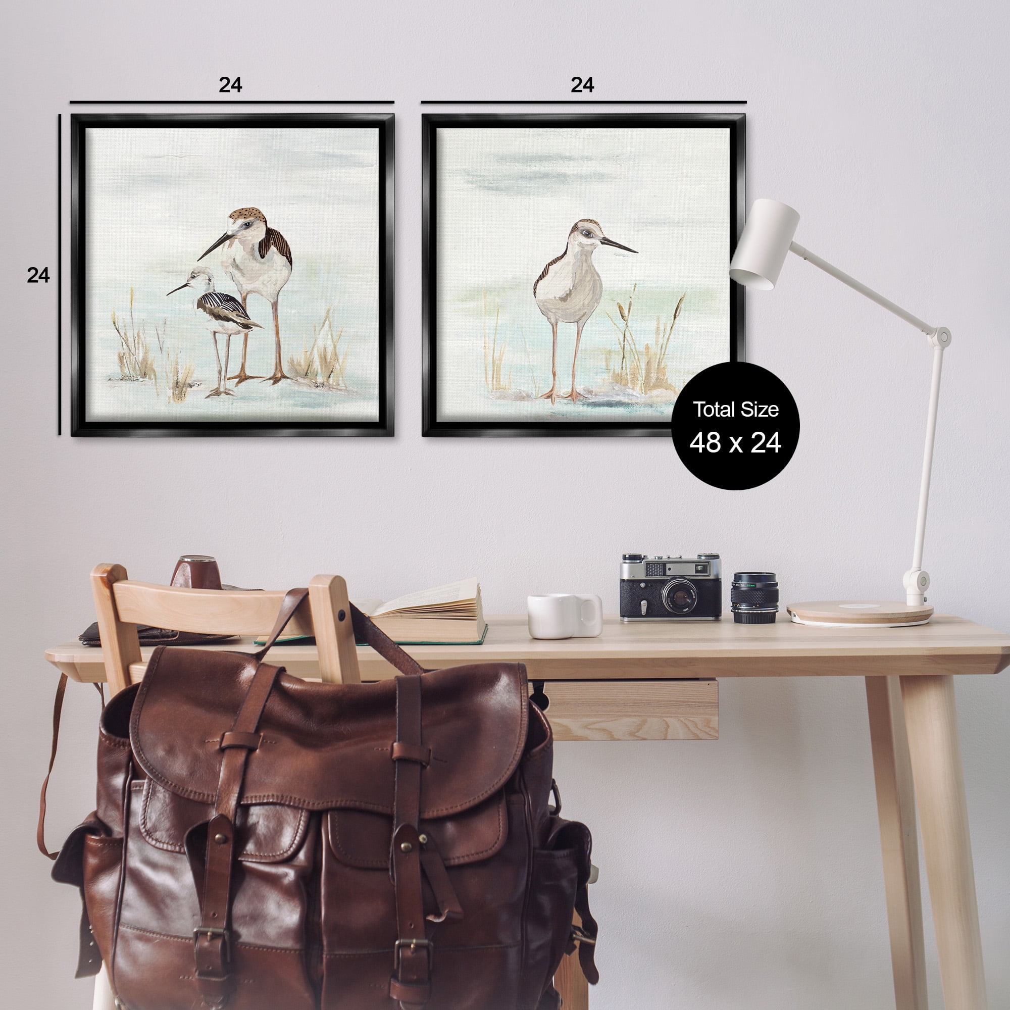 Stupell Industries Sandpipers Among Beach Grasses Animals & Insects Painting Black Floater Framed Canvas Art Print Wall Art, 25 x 25, Set of 2