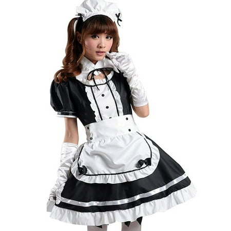 

PGE Lingerie Maid Cosplay Costume Women Headwear Apron Fake Collar Bowknot Dress