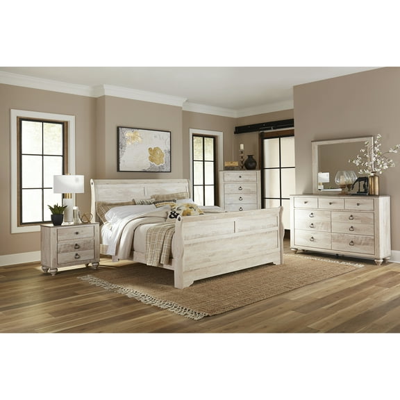 King Size Bedroom Furniture - Bed, Dresser, Mirror, Nightstands, Chest Rustic White Wash Style Urban