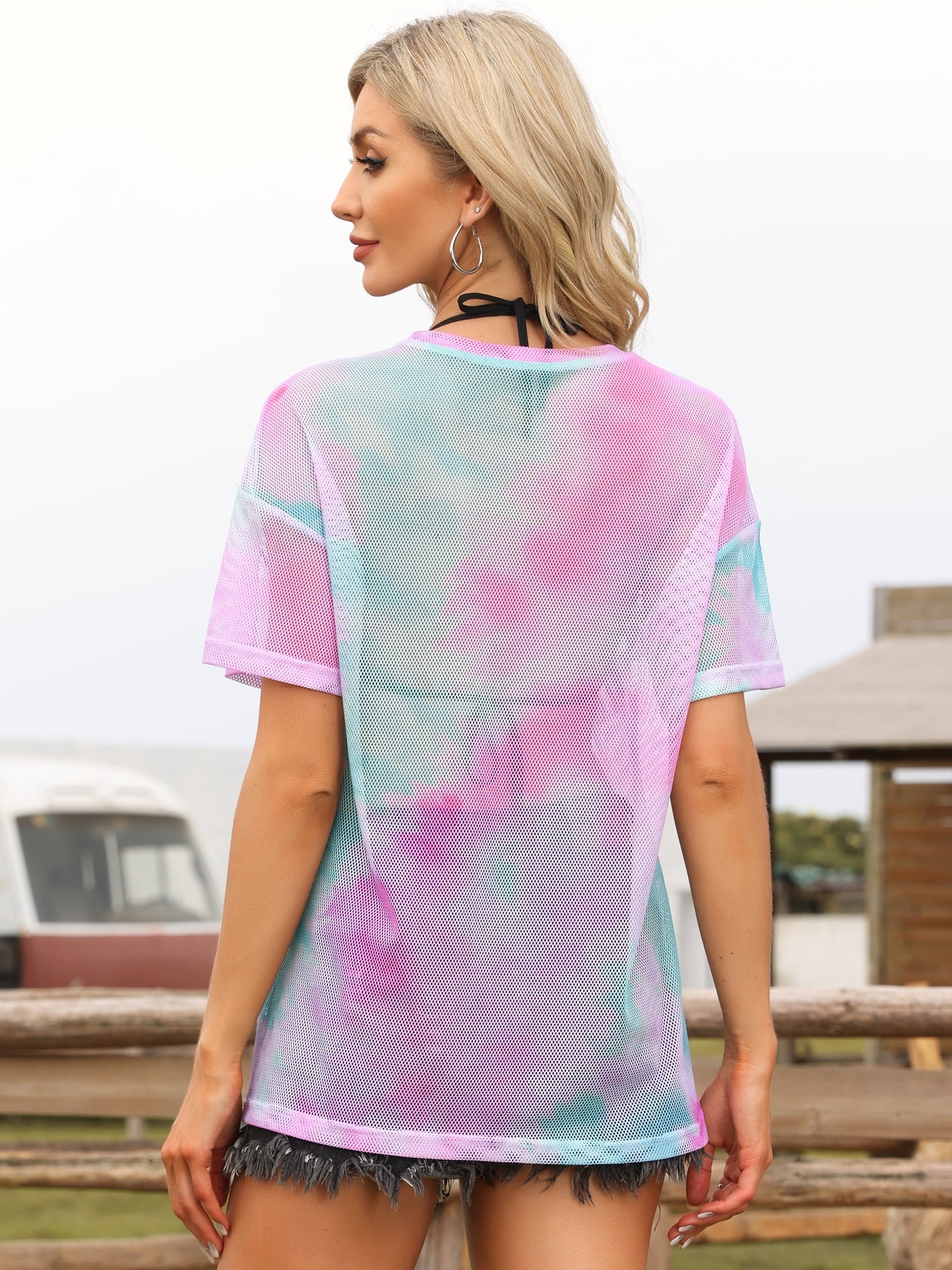 DARING DIVA Women's Mesh Top Short Sleeve Crew Neck Tie Dye Sheer Cover Ups XL Pink Blue