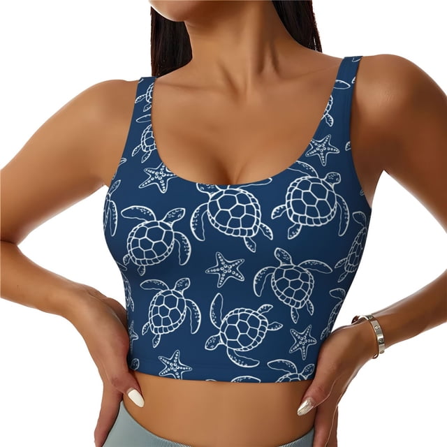 Fotbe Sea Turtle Sujetador Deportivo Largo sin Aros para Mujer con Almohadillas y Soporte Medio, Transpirable y Absorbente, Camiseta Tipo Chaleco o Tank Top-Large