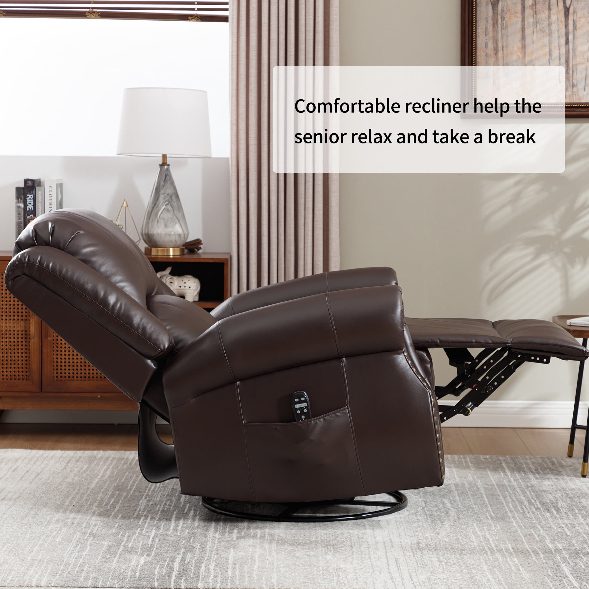 Leumius Oversized Swivel Recliner Chair for Adults,Swivel Rocker Recliner with Vibration Massage and Lumbar Heating for Living Room,Rivet Design,Brown