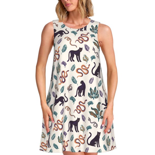 Fotbe Black Cat And Snake Vestido de Verano sin Mangas para Mujer – Vestido Midi Línea A, Estilo Camiseta Floral, Vestido Playero Casual y Fluido