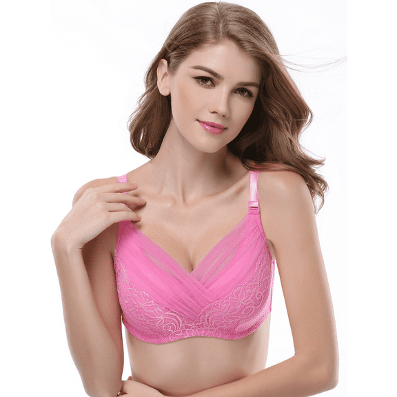 BIMEI Mastectomy Bra with Pockets for Breast Prosthesis Women Everyday Lace Bra 8428,Rose,36A
