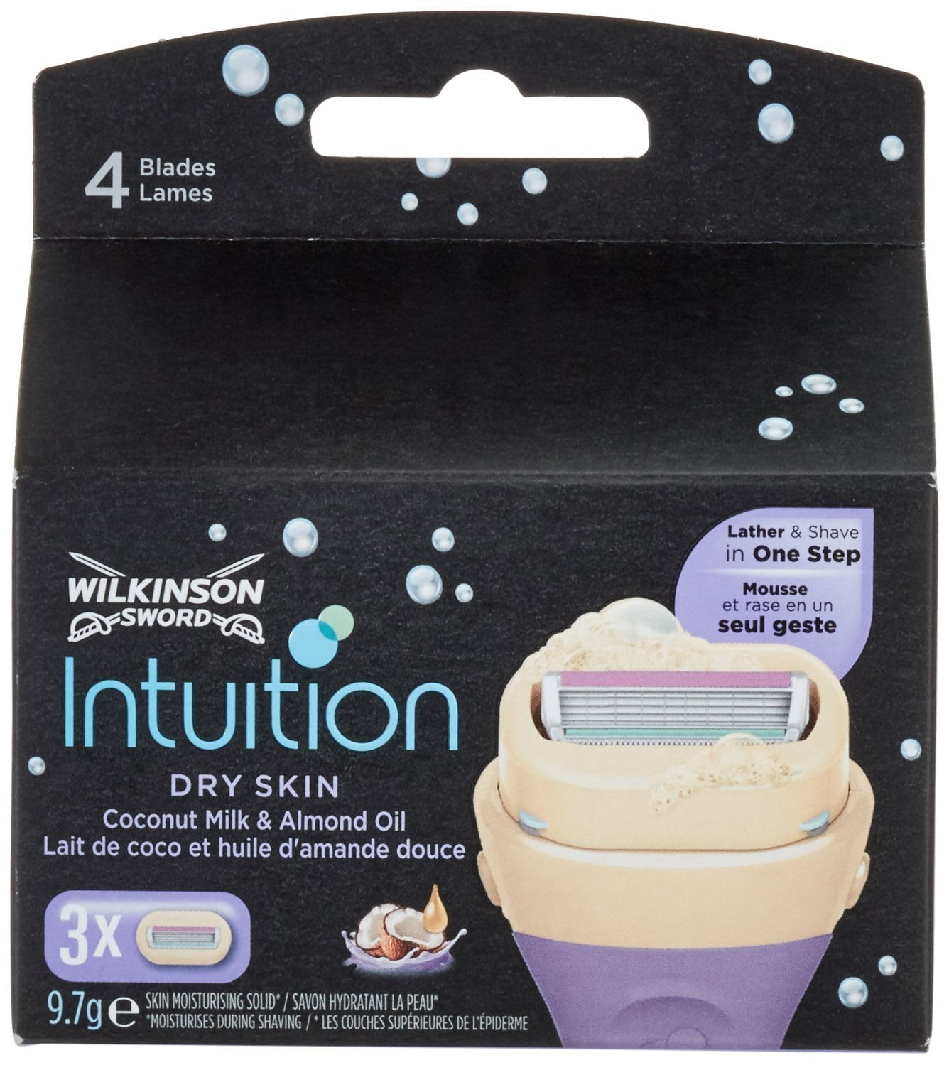 Wilkinson by Schick Intuition Dry Skin Coconut Milk & Almond Oil Refill Razor Blade Cartridges, 3 Count + Makeup Blender Stick, 12 Pcs