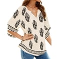 thumbnail image 3 of UVN Womens Summer Blouses Bohemian 3/4 Bell Sleeve Shirts for Women V Neck Flowy Casual Pleated Tops, 3 of 8