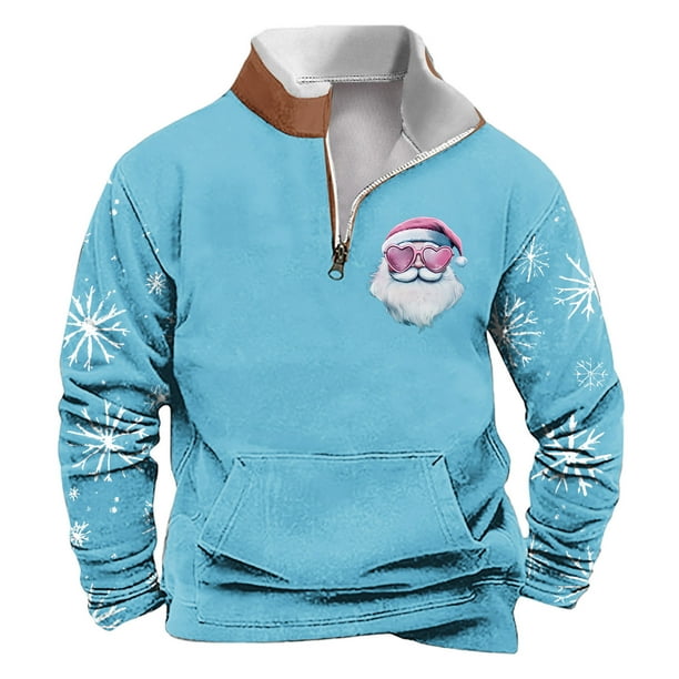Sudadera sin capucha para hombre, de invierno, con cuello alto, cremallera, estampado navideño, jersey de manga larga, sudadera con capucha, blusa de poliéster para hombre