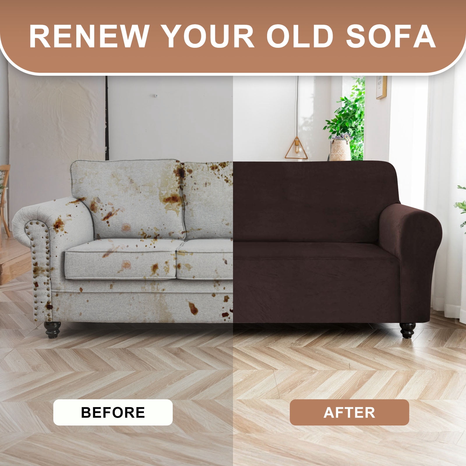 SANMADROLA 100% Waterproof Couch Covers Velvet Stretch Slipcover for 3 Cushion Sofa Cover Non Slip Leakproof Washable Furniture Protector for Kids Dogs Cats Pets, Brown, Oversized Sofa