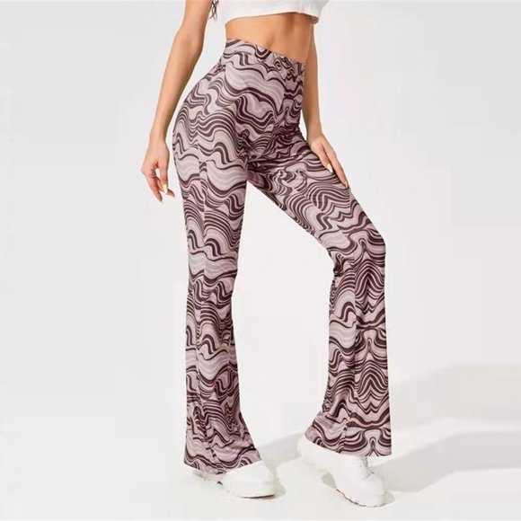 Babysbule Womens Pants Women's Summer Casual Running Athletic High Waist Water Ripples Printed Yoga Pants Boot Cut Long Pants