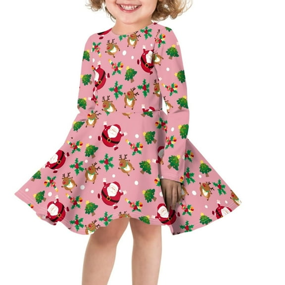 FKELYI Christmas Reindeer Long Sleeve Dress Size 7-8 Y Comfortable Xmas Tree Girls Swing Dress Long Sleeve Stretchy Twirl Swing Dresses for Kids Girls