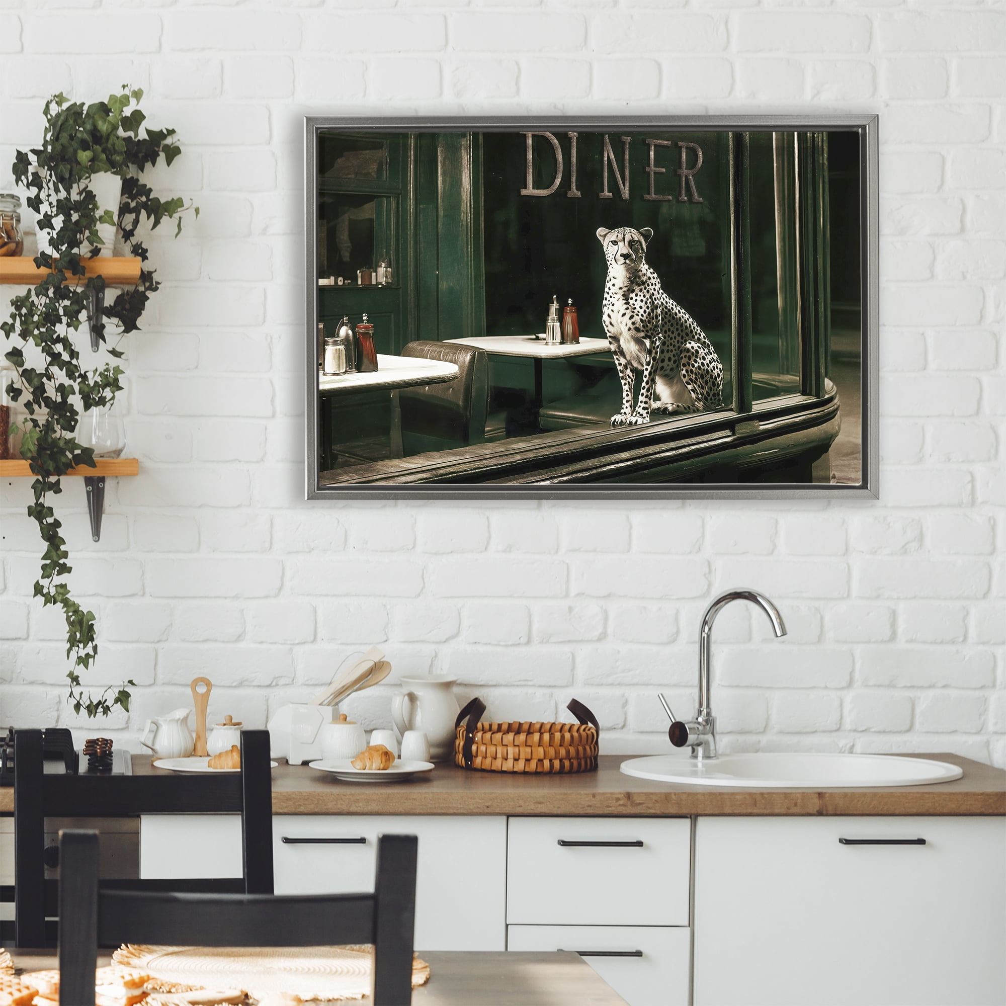 Stupell Industries Diner Sentry Leopard Gray Framed Floater Canvas Wall Art, design by Annabelle Hall