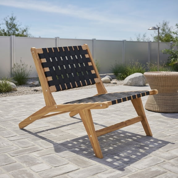 Topcobe Indoor Patio Teak Wooden Chair with Woven Webbing Seat and Backrest, Outdoor Patio Chair