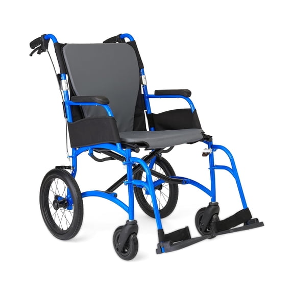 Medline Ultralight Transport Chair, Lightweight Folding Wheelchair with 12 in Rear Wheels, Padded Armrests, Swing Away Footrests, Safety Seat Belt, 300 lb Capacity, Blue