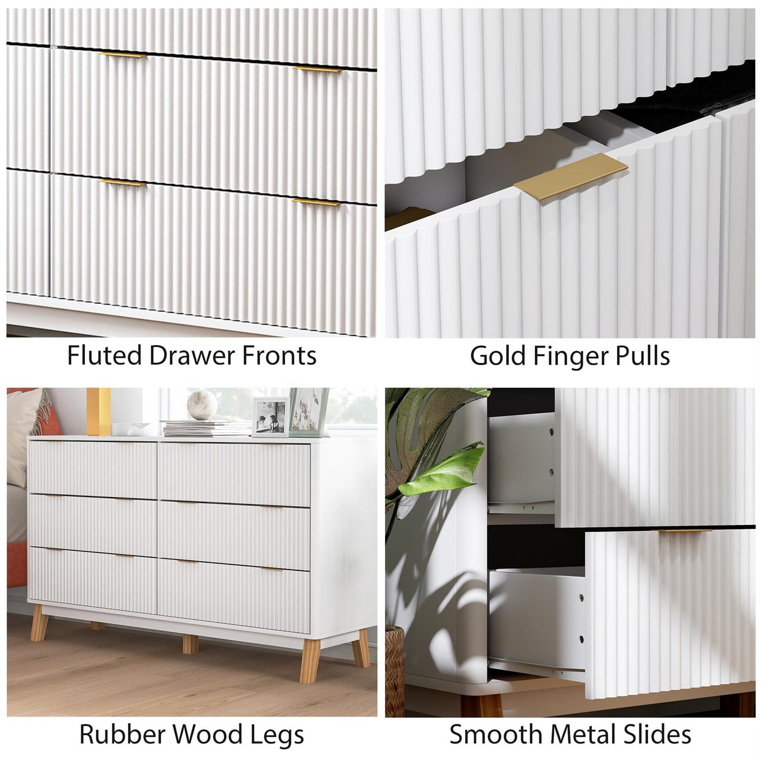 Demi Bonn 6 Drawer Dresser for Bedrooms with Wood Legs and Gold Pulls, Storage Fluted Chest, White