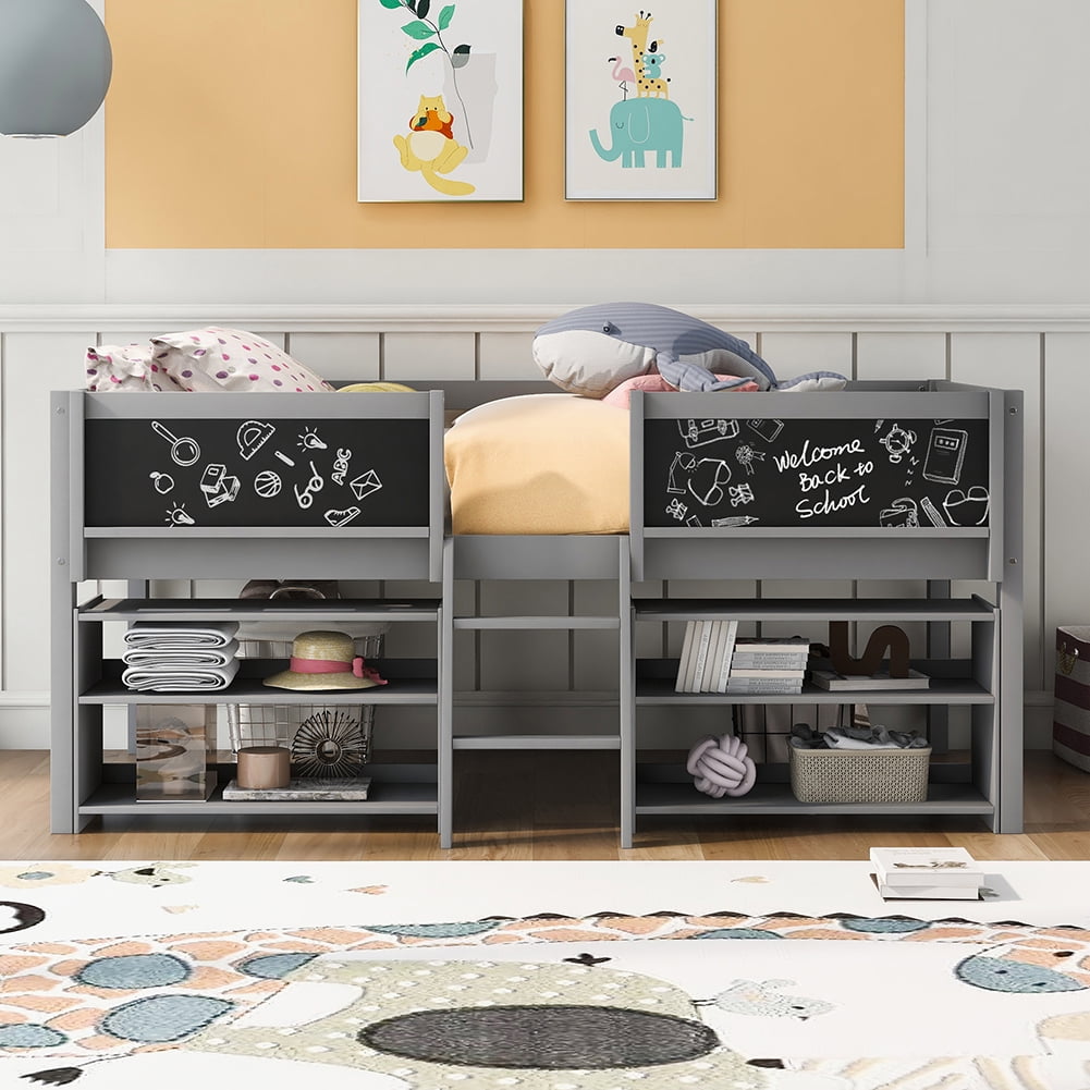 Kadyn Twin Size Low Loft Bed with Two Movable Shelves and Ladder,with Decorative Guardrail Chalkboard,Gray