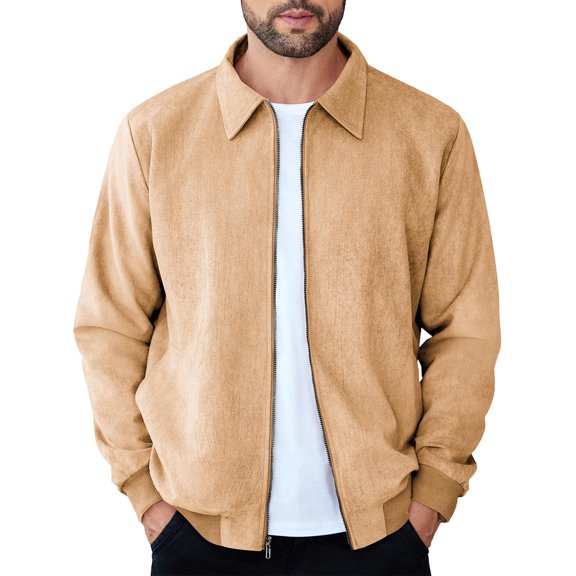 Faux Suede Zip Bomber Jacket Men Turn‑Down Collar Side Pockets Classic Casual Coat for Fall Winter Business Casual Daily Wear