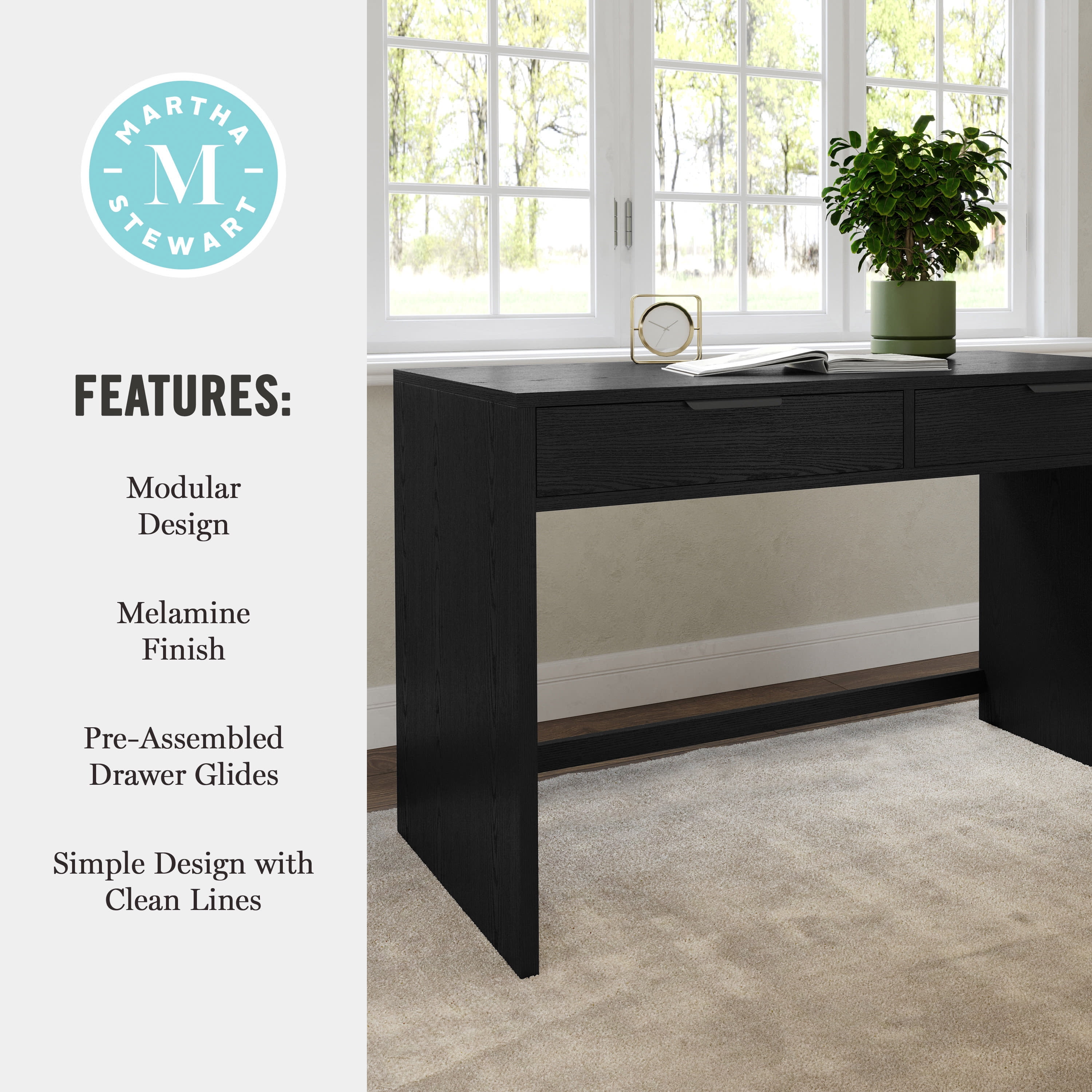 Martha Stewart Home Office Modular 2 Drawer Desk in Black with Oil Rubbed Bronze Hardware