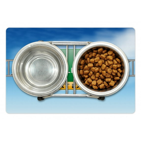 Going Away Party Pet Mat for Food and Water, New Life Concept with Road Sign on Blue Sky Next Exit Art Print, Non-Slip Rubber Mat for Dogs and Cats, 18" X 12", by Ambesonne
