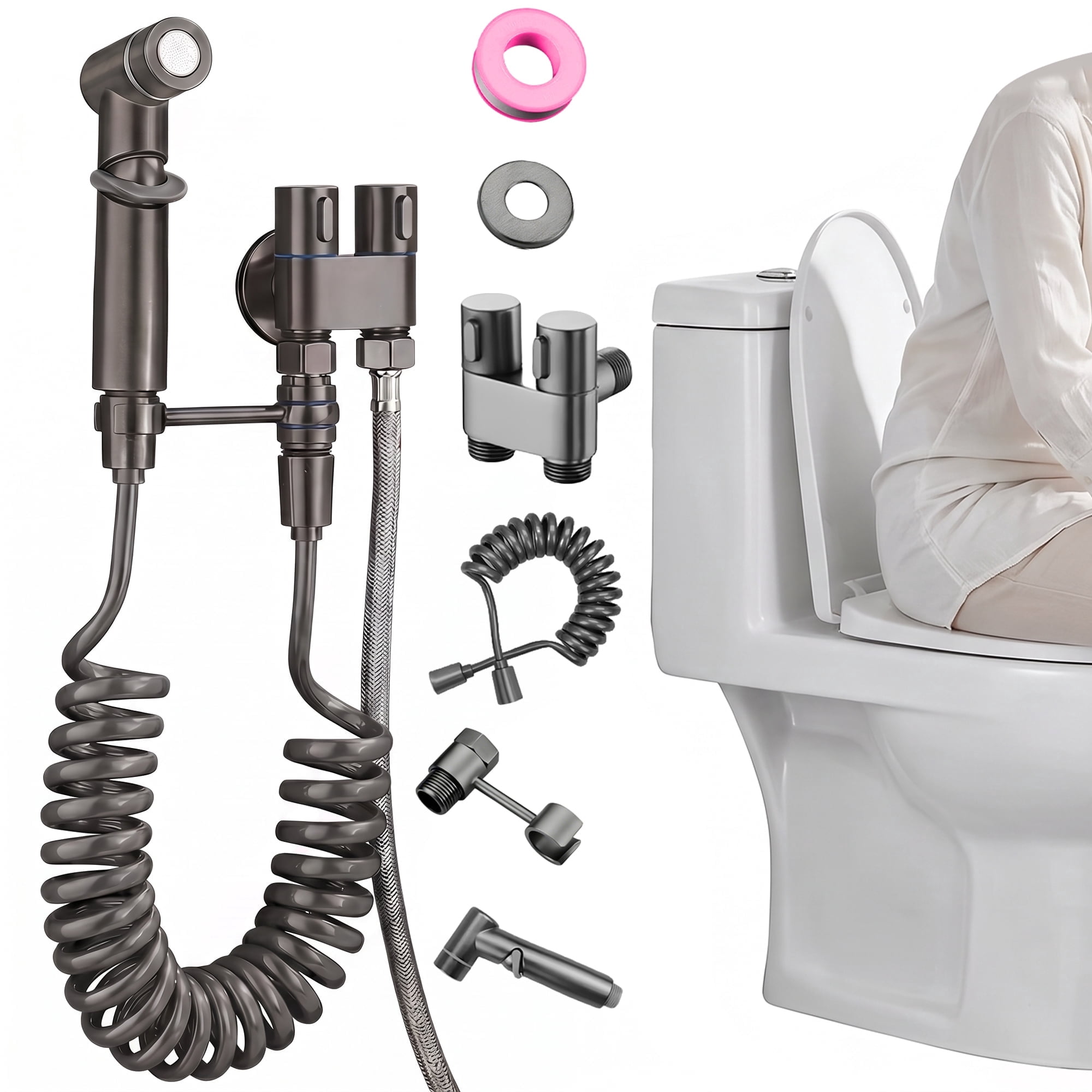 Beteliva Handheld Bidet Sprayer Kit with Coil Hose and Dual Valve Adapter, Adjustable Water Pressure Toilet Jet Sprayer for Shower, Grey