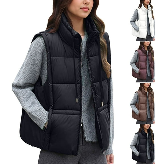 YOIAVAIOY Womens Quilted Puffer Vests Drawstring Collar Zip Up Sleeveless Down Jackets Fall Winter Casual Outerwear Vest with Pockets White M