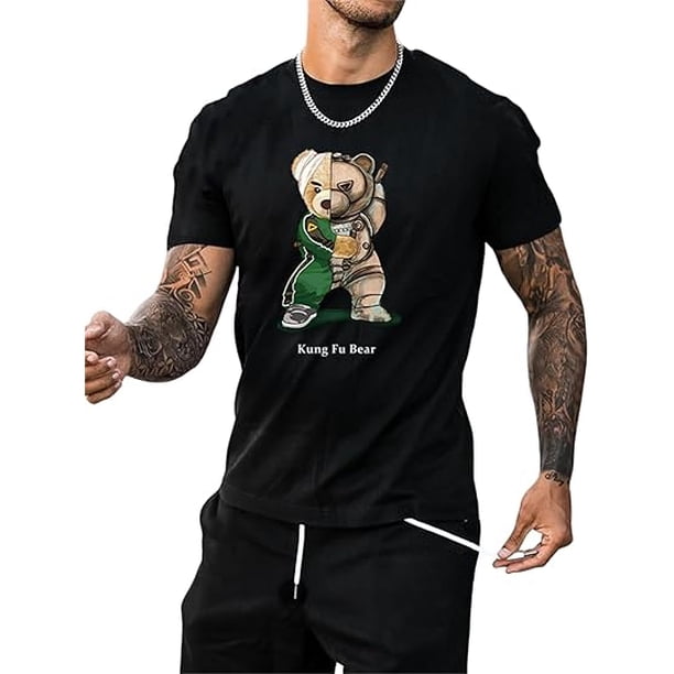 Camiseta de verano para hombre, cuello redondo, manga corta, holgada y cómoda, con estampado retro informal de un solo lado. Camiseta informal y moderna con estampado de oso peculiar en el bolsillo. L