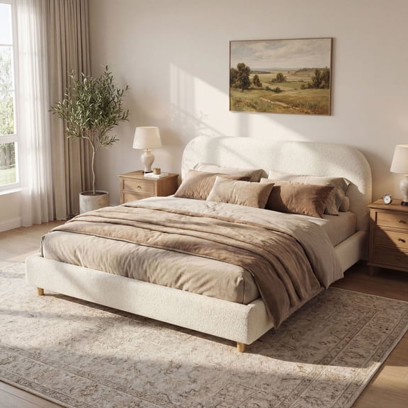 Christopher Knight Home California King Platform Bed, Boucle Upholstered Frame with Curved Headboard, White