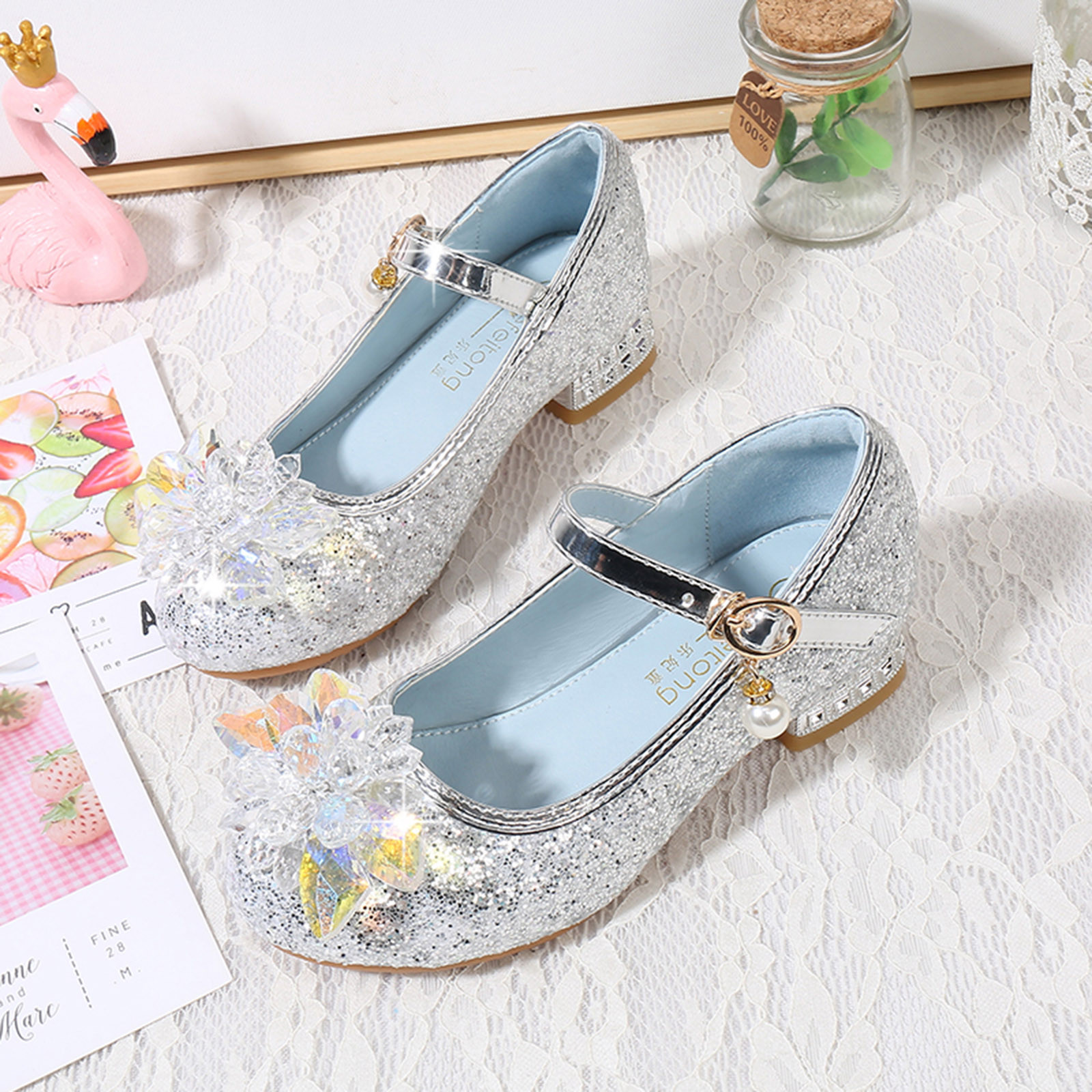 Youmylove Toddler Little Kid Girls Dress Pumps Glitter Sequins Princess Flower Low Heels Party Show Dance Shoes Rhinestone Sandals Children Casual Shoes - image 2 of 9