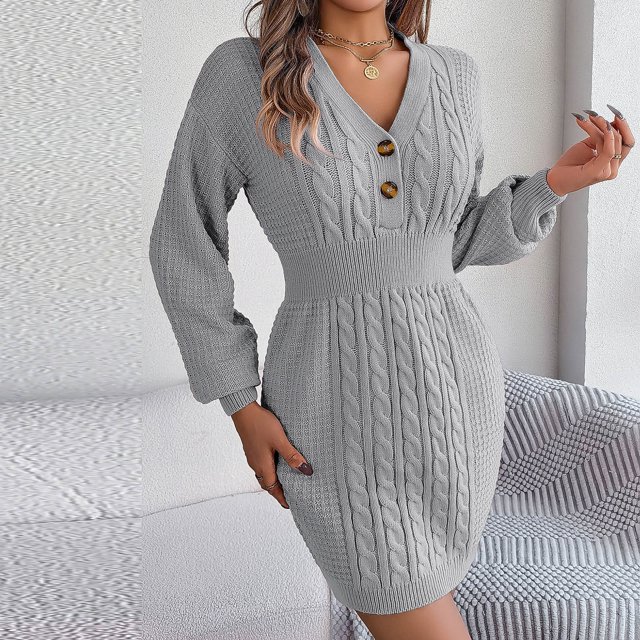 FcBaudy Robe à Manches Longues Col en V, Robes d'Été pour Femmes, Robes Mode Décontractées à Manches Longues Col en V Boutons Robes de Sortie Solides Robe pour Femmes