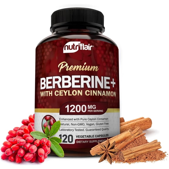 NutriFlair Berberine HCl 1200mg with Ceylon Cinnamon, 120 Capsules – High Potency Berberine Supplement, Non-GMO, Made in USA, 2-Month Supply