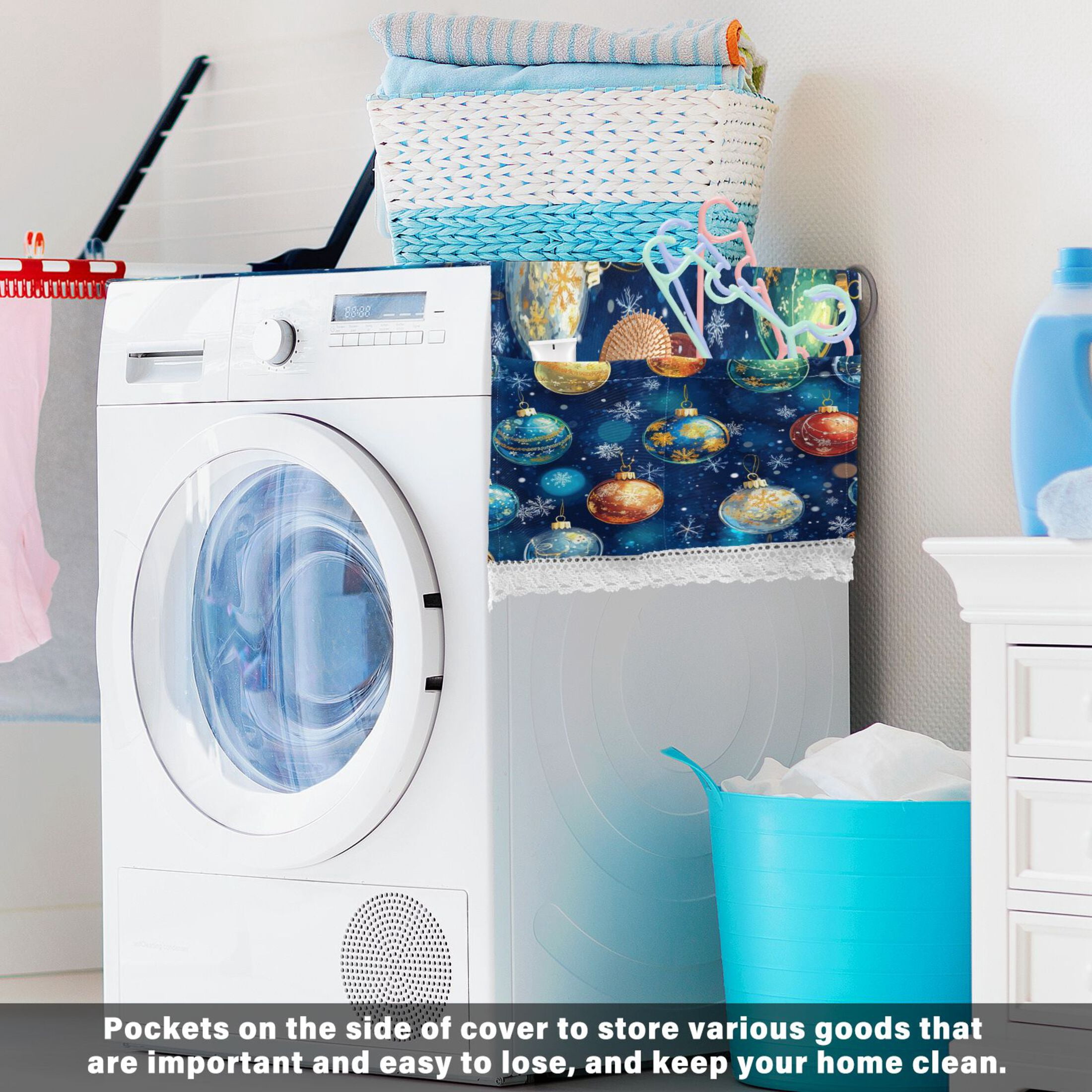 WOBOGO Christmas Glass Ball Pattern on Blue Background Washing Machine Cloth Dryer Refrigerator Top Cover Protective Non-Slip Mat For Kitchen Laundry